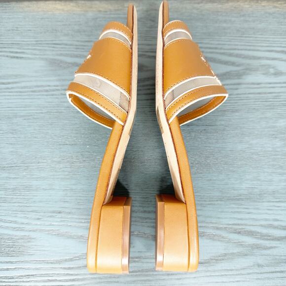 Tory Burch Leather Stitched Logo Slide Heeled Sandal Cognac Brown 9 - Picture 5 of 9